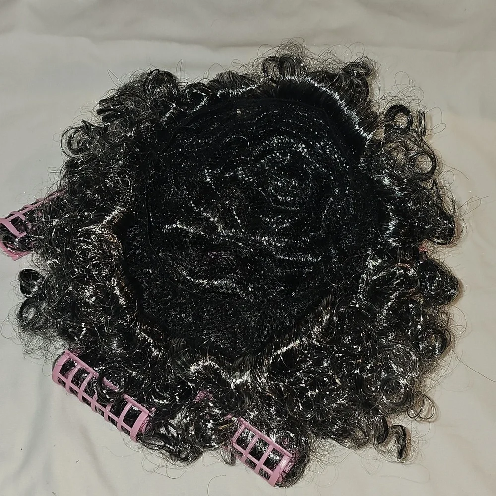 Curly Black (gray) Wig with Pink Hair Rollers, Eyeglasses, Necklace NWOT - Picture 7 of 15